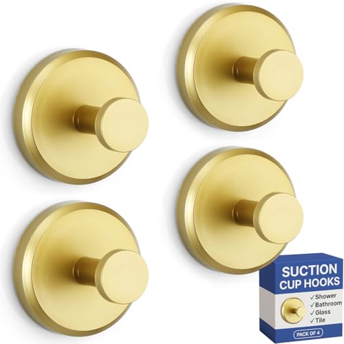 HOME SO Suction Cup Hooks for Shower & Bathroom Towel Holder 4-Pack Gold